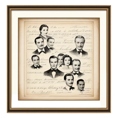 Icon for Autograph Collecting: several vintage framed with signatures of famous celebrities sheets stacked one on top of the other, each . The icon should evoke the charm and history of collecting autographs. Transparent background. sticker