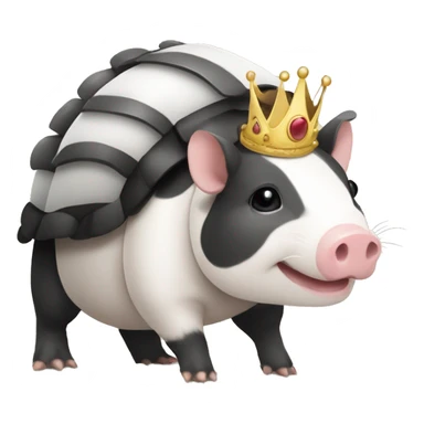 Black and white piebald chubby round armadillo pig panda centipede armadillo wearing a crown sticker