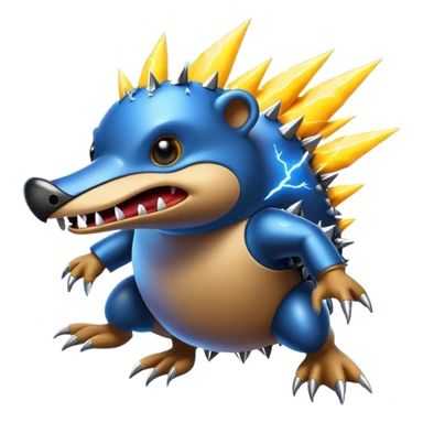 a fantastical dangerous and spooky electric platypus merged with a hedgehog with sharp teeth, metal electric spikes, and strong fangs, electricity and lightning coming, menacing look, yellow and blue lightning bolts sticker