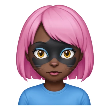 Black cat wearing a pink hair wig, blue T-shirt sticker