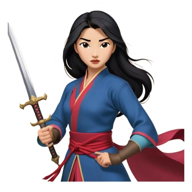 Cinematic Realistic Mulan Portrait, depicted with lifelike skin texture, soft natural lighting, and intricately detailed long black hair styled elegantly. Her deep, expressive eyes exude determination and grace, complemented by a serene yet confident expression. She stands with one hand resting on the hilt of her sword, the other by her side, exuding strength and poise. She is dressed in her classic attire, with rich fabric textures and delicate folds that catch the light beautifully. The portrait features a soft, enchanting glow with a natural, radiant finish, capturing the essence of timeless strength and beauty in a realistic and painterly style, evoking a sense of depth and authenticity. sticker