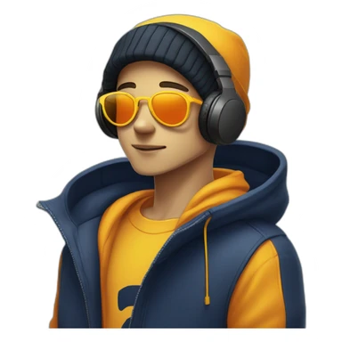 a cartoon boy with yellow skin, navy tinted sunglasses, with orange rims adn a black beanie, and a yellow hoodie and BLACK HEADPHONES!!!!!!!!!!!!!! sticker