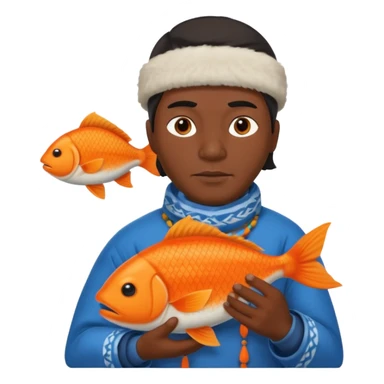 inuit man with traditional clothes and orange fish sticker