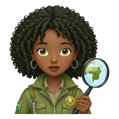 dark skin curly black haired woman in moss green explorer outfit, holding magnifying glass sticker