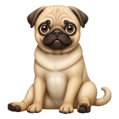 detailed-[pug]-realistic-full-body-sitting-emoji,-tail-resting-loosely-beside-its-paws,-head-tilted-dramatically, -sleek-fur,-simplified-yet-realistic-focused-features,-highly-detailed,-glowing-with-an-almost-sarcastic-glow sticker