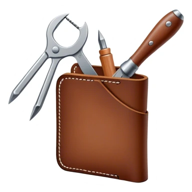 Leatherworking icon, piece of raw leather being crafted into a leather wallet or belt, professional tools like leather stitching awl, edge beveler, hammer, prying tool, minimalistic style, clean lines, transparent background. sticker