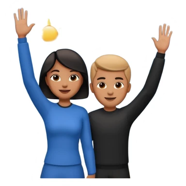 A 3D cartoon couple on top of a hill raising hands in victory, sunny sky and nature background, Memoji-style. inside photo frame. sticker