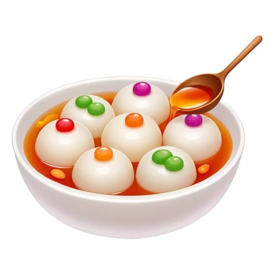 Sweet rice balls Tangyuan in syrup with colorful fillings, simplified emoji style with bold outlines and bright colors, cartoon style traditional Chinese dessert sticker