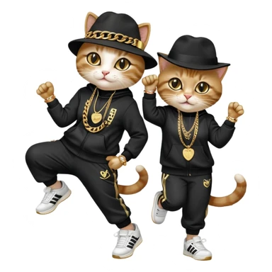 female cat dressed like Run DMC in tracksuit, fedora, Adidas shoes, lots of gold chains, rings, bracelets, earrings, dancing with a friend, no sunglasses sticker