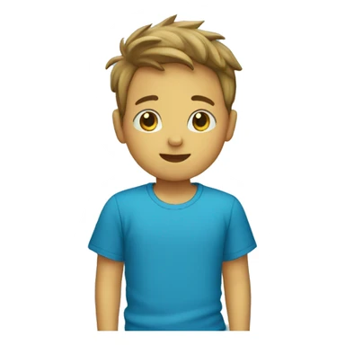 A boy with a curtain and a blue T-shirt sticker