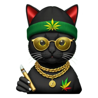 A black cat wearing the deal with it shades and a rasta beanie and smoking a joint and wearing a gold chain that says 420 and the words High Time at the top of the image sticker