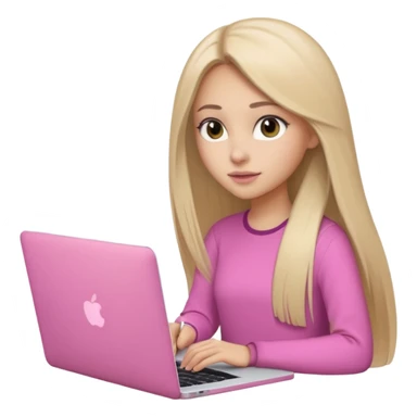 Chica lacia peli larga en una MacBook rosa investigando y haciendo tareas con un libro de apuntes y con cara muy linda como modelo sticker