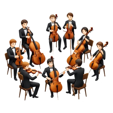 Icon for Classical Music: chamber orchestra with musicians playing string instruments (violins, violas, cellos) and a conductor leading the ensemble. The intimate, refined atmosphere. Transparent background. sticker