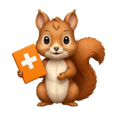 a squirrel holding an orange gift box in one hand and a Swiss flag in the other, both objects clearly visible, simple white background, the gift is a different color from the flag sticker