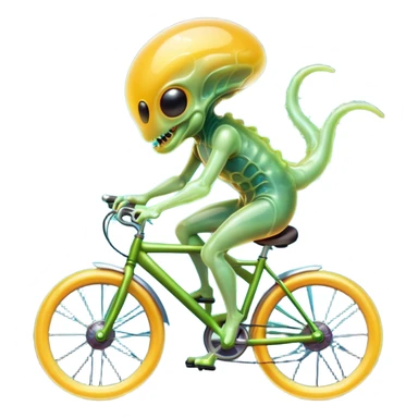 jelly alien riding a bicycle, translucent gelatin body, glowing core inside, wobbly fun movement, cute sci-fi creature, 3D cartoon, mobile game icon style, clean background, no text, no watermark
 sticker