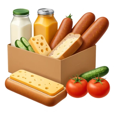 a box of groceries, sausage, cheese, canned meat, herbs, milk, tomatoes, cucumbers, and a loaf of bread sticker