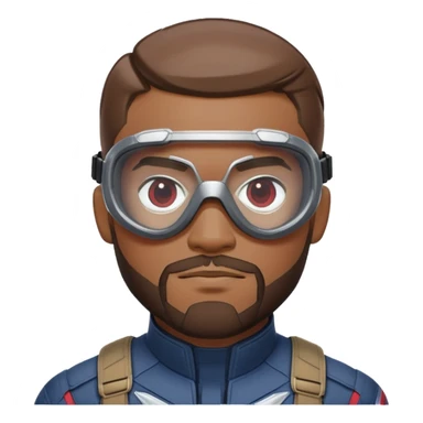 sam wilson with a very short hair close to the scalp and  a well-groomed beard that connects to his mustache,  wear sleek, red-tinted tactical goggles fit snugly from captain america: civil war sticker