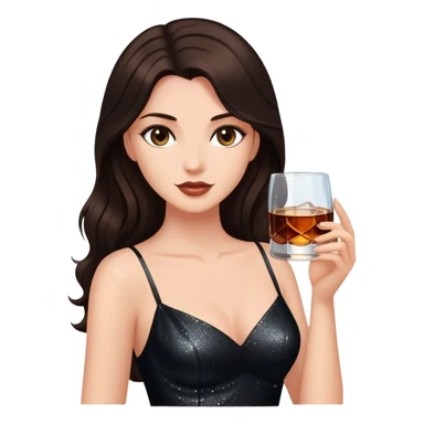 Beautiful woman in 1950’s woman fashion look, black shimmery dress, long dark brown hair, whisky with ice sticker