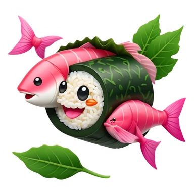 Cute Kawaii Maki Sushi Roll, small and round, wrapped in soft dark green seaweed, tiny grains of rice peeking out, a bright pink fish filling, a cheerful smiling face! sticker