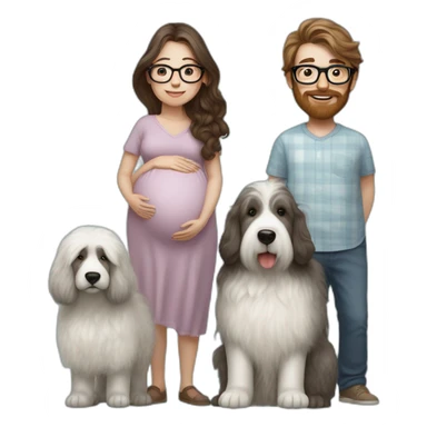 Hyperrealist pregnant girl with half long brown hair with glasses, a boy with long beard, glasses and short hair and english sheepdog sticker