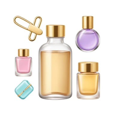 clean girl aesthetic emoji, skincare bottle, hair clip, gold jewelry arranged neatly, soft pastel background sticker