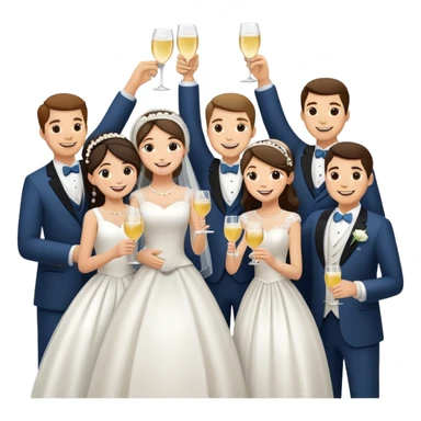 Wedding party raising joints for a celebratory toast, colorful wedding group with bride and groom at the center, cheerful cartoon style sticker