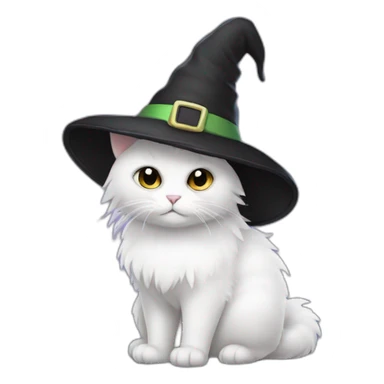 White fluffy cat with black cone witch hat sticker