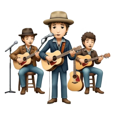 Icon for Folk Music: Bob Dylan with his harmonica and acoustic guitar, performing with his band on stage. The atmosphere should be intimate and nostalgic, capturing the soul of folk music with simple instruments and natural vibes. Transparent background. sticker