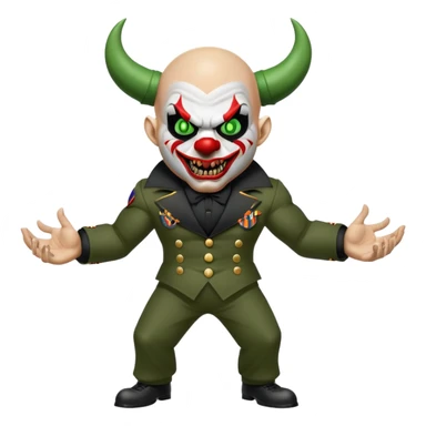evil clown, bald, short black devil horns on forehead, fangs, pointed ears, black and military green leisure suit, realistically proportioned, bulky and muscular, full body, battle-ready, fighting posture sticker