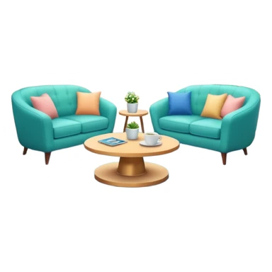 Morning entertainment TV studio, cozy talk show set with armchairs and couch, guests sitting area, round glass coffee table, warm pastel colors, green and blue lighting panels, festive decorations, friendly daytime TV atmosphere, realistic broadcast studio, no branding. sticker