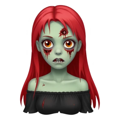Garota zumbi com cabelo liso longo e mechas vermelhas na lateral da cabeça dos dois lados, usando uma blusa com manga caida preta sticker