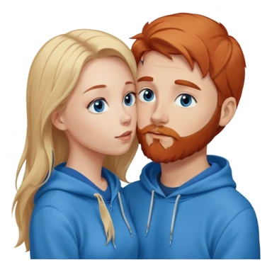 Long-pale-blonde hair, beautiful girl with blue eyes-wearing a light blue hoodie, facing, kissing reddish-brownish hair and beard boy blue eyed white guy in a dark blue hoodie sticker