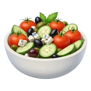 mediterranean salad bowl object icon, tomatoes, cucumbers, olives, feta cheese, olive oil dressing, 3D cartoon, mobile game icon style, clean background, no text, no watermark
 sticker