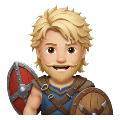 A young Viking warrior with messy blond hair, wooden shield, and fierce excited grin.
 sticker