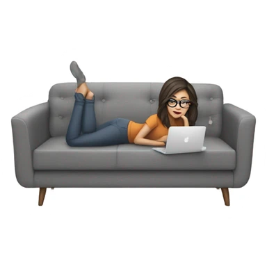 brunette girl laying on a grey couch with grey pillows with glasses on and a laptop on small table in front with coffee cup on mouse pad sticker