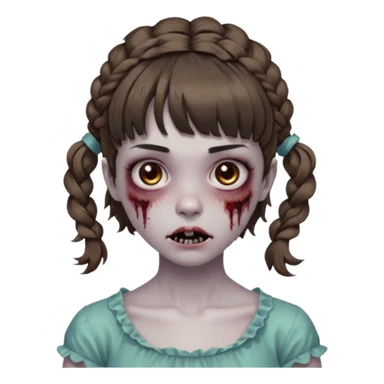 Cabelo ondulado  um pouco cheio e franja curta  Olhos marrons e pequenos e feita d ezumbi mais bonita com cabelo amarro na e com as mãos assim tipo assim🧟‍♀️ sticker