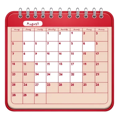 a monthly calendar labeled “August,” with rounded square date boxes, scalloped border frame, playful red doodle lines, and a cozy planner vibe. Minimal kawaii style, flat pastel color palette, slightly imperfect sketch lines, centered object, no background sticker