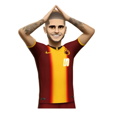  Create an emoji character of Mauro Icardi, wearing a Galatasaray FC football kit. The character is celebrating a goal with his classic pose, hands behind his ears. He has a confident and playful expression, capturing Icardi’s trademark celebration. The Galatasaray kit is yellow and red, with the team’s logo on the chest. The design should be cartoonish and bold, with vivid colors, making the character dynamic and full of energy. The background should be simple, focusing on Icardi's celebration. sticker