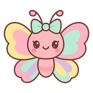 kawaii butterfly with a bow on its head, pastel rainbow wings, sweet and friendly expression, shimmery lipstick and blush sticker