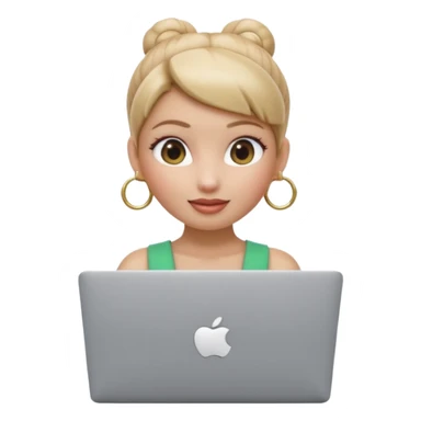 3D Apple Memoji–style emoji, female character with high bun and hoop earrings, peeking over a silver laptop, soft lighting, smooth plastic texture, transparent PNG, 4K. sticker