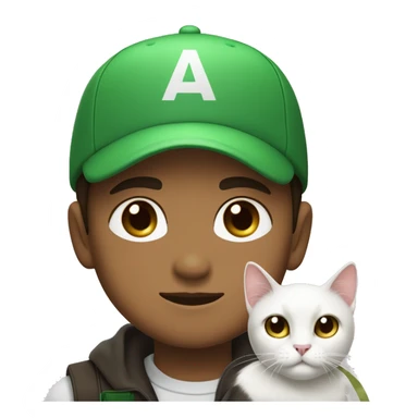 a boy in a green cap with sign “папа» with light brown skin light brown eyes and dark brown hair brown hair holds his black cat with  white muzzle and white chest sticker