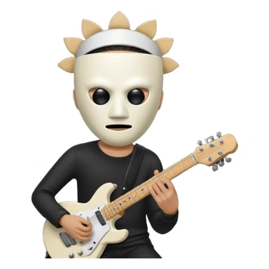 guitarist wearing a white bucket on his head, with two eye holes, a blank expression, and a small theatrical mask on the bucket. He’s holding an electric guitar, dressed in a simple black outfit, giving off a mysterious but playful rock legend vibe, kfc bucket on his head sticker