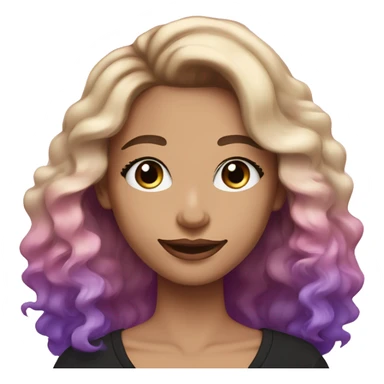 White-skinned adult woman, smiling with makeup, pink and purple glitter on face, blue eyes, long brown-to-blonde ombre wavy hair, ring earrings, black T-shirt. sticker