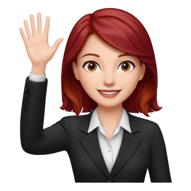reate Emoji of white girl with bussines outfit is waveing with one hand and make her hair stronger dark red color please sticker