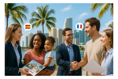 Foto hiper realista que refleje a nuestro cliente ideal de real estate: Profesionales y familias en transición Que desean mudarse a Miami o adquirir una segunda residencia, guiados por un equipo que habla su idioma —literal y figurativamente. sticker