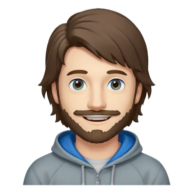 25 year old man, short scruffy beard and thin moustache, brown puffy mullet, blue eyes, big smile, white teeth, big lips, pronounced jaw, hair longer in back, sticking up on top, thin face, grey hooded sweatshirt, pale skin, big smile, blue eyes, puffy hair sticker