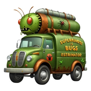 Heroic SuperBug Ron’s exterminator superminator antique tall moving van (motto: Bombing creepy bugs is fun) sticker