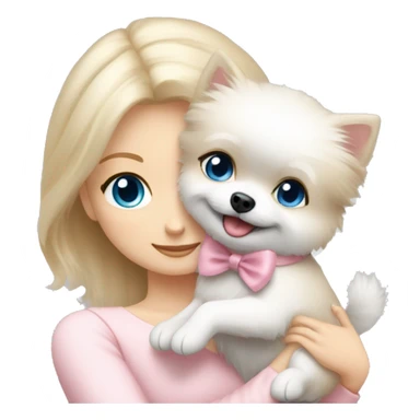 Blond girl white skin blue eyes hugging white Pomeranian with light pink bow sticker