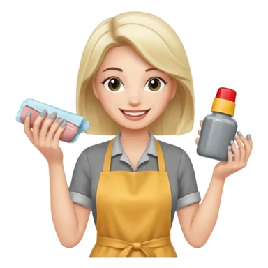 female nail master with buff and gel polish in hand in grey apron  sticker