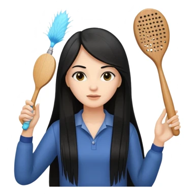 A white woman with long, straight black hair, holding a wooden paddle hairbrush in her left hand and spraying a hair mist bottle with her right hand toward her hair. sticker